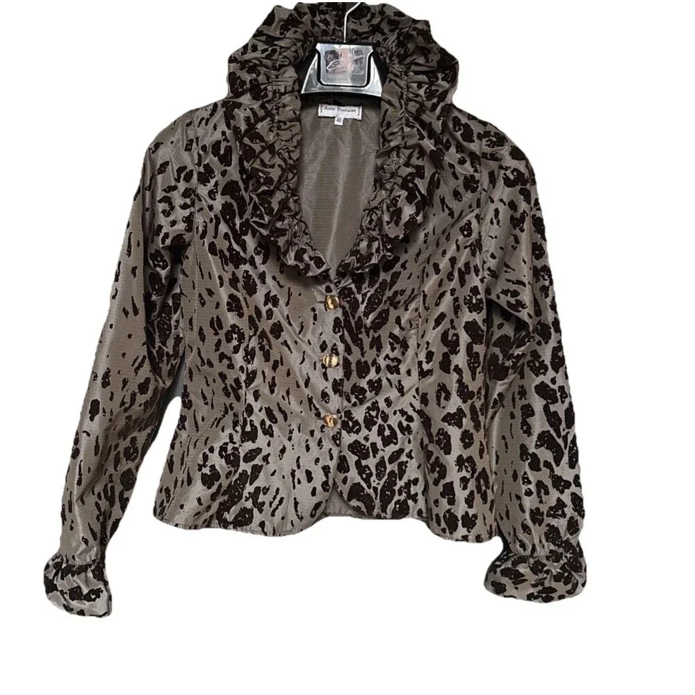Anne Fontaine Volina Leopard Print Blazer Size 8 Ruffle Button Front Jacket